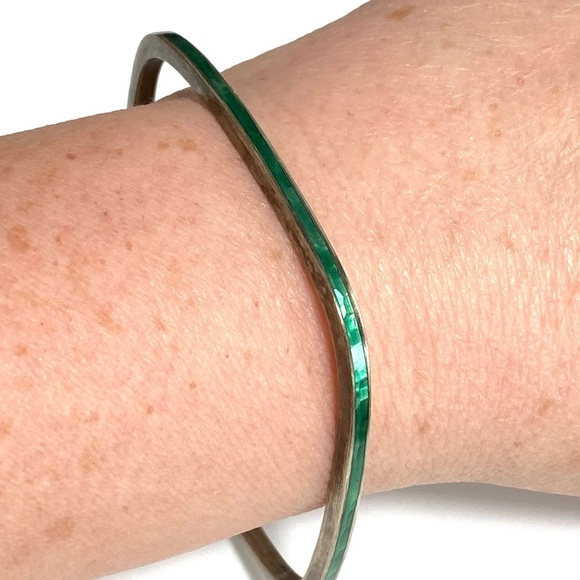 925 Sterling Square Bracelet Green Enamel Geometric Art Deco 7.25” - Picture 2 of 11